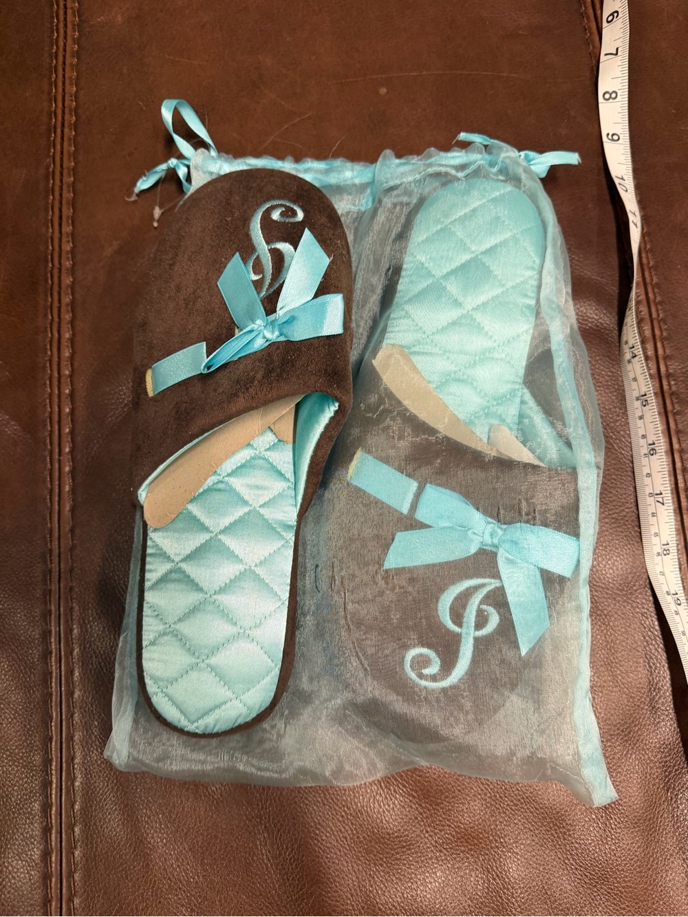 Monogrammed Brown & Aqua Quilted Slippers